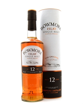 Bowmore 12 år Round Tube gul banderole 1990erne vintage Islay Single Malt Scotch Whisky