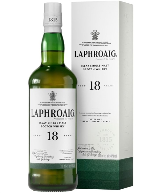 Laphroaig 18 år Islay Single Malt Scotch Whisky i grøn flaske med hvid etiket