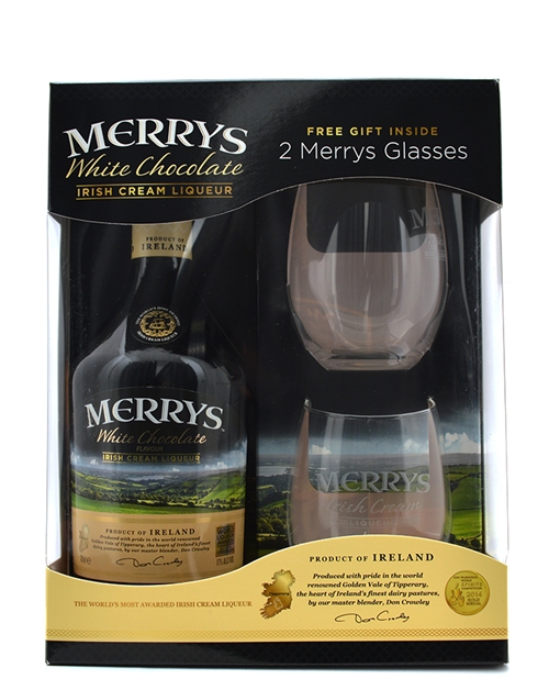 Merrys Gavesæt med 2 glas White Chocolate Irish Cream Whiskylikør 70 cl 17%