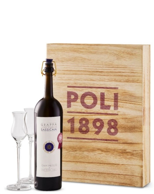 Trææske med Poli Grappa di Sassicaia og to håndblæste krystalglas