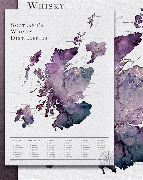 Watercolour Scottish Whisky Distillery Map Heather Purple 29,7x42 cm Plakat A3
