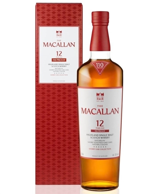 Macallan Sherry Oak 12 år 110 Proof flaske med rød æske og dyb ravgylden whisky