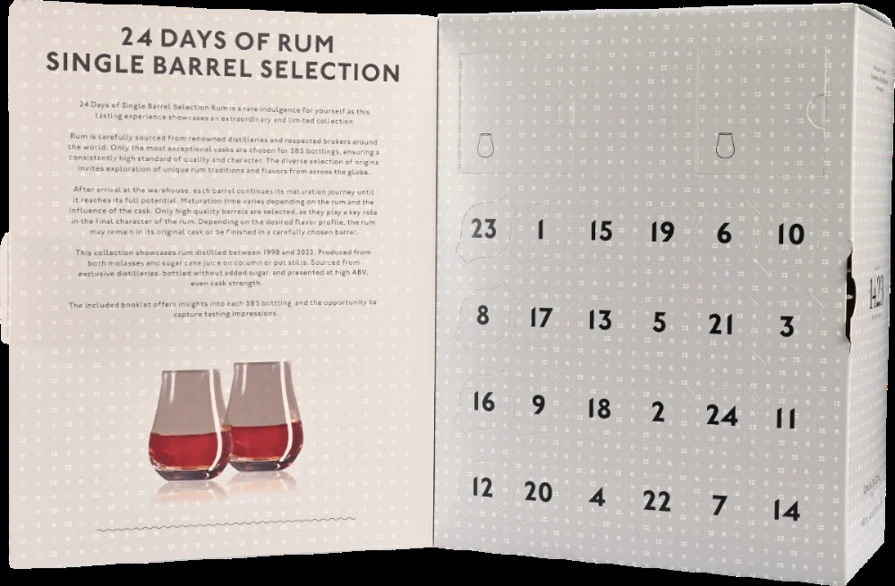 Den åbne kalender med lågerne, to glas og tre miniatureflasker