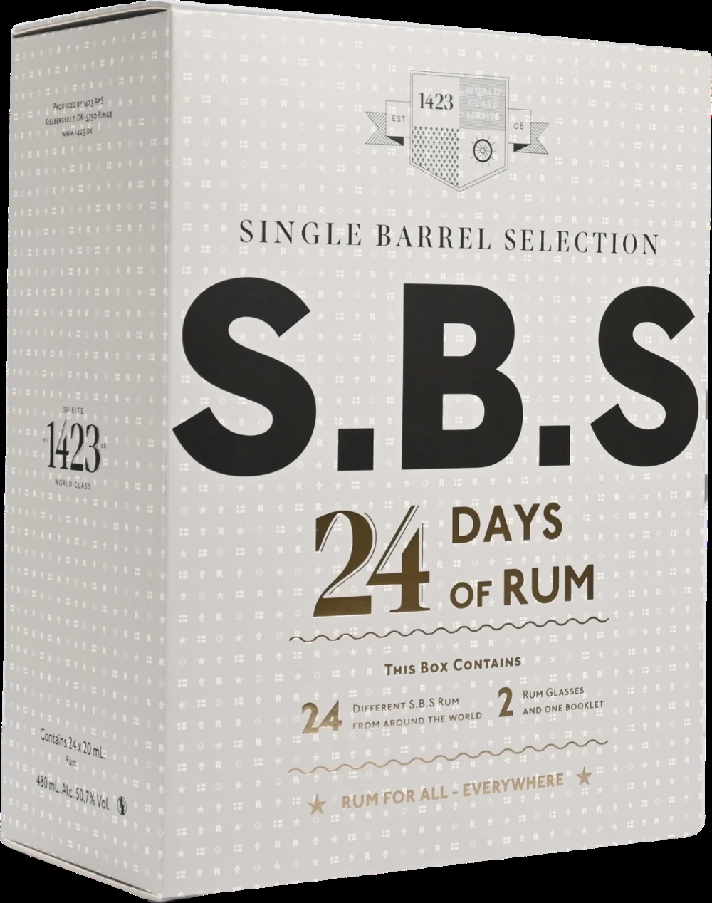 Æsken set fra siden med S.B.S. og 24 Days of Rum